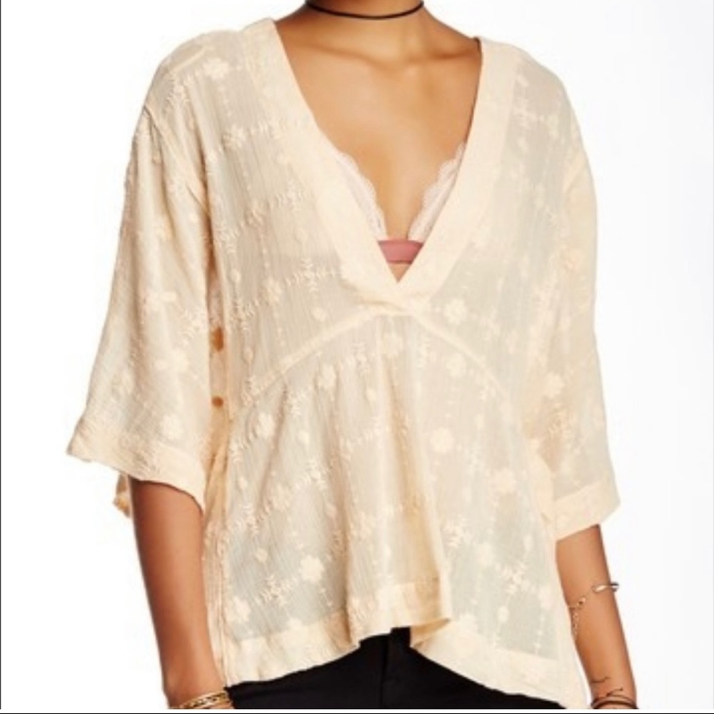Free People Blouse Women's XS Amber Skies Embroidered Floral Boho Peach Top